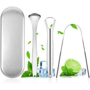 Tongschrapers - 3 stuks - Tongreinigers van roestvrij staal - Met opbergdoos - Mondhygiënische tongreinigers - Vermindert een frisse adem en slechte adem - Herbruikbare tongschrapers voor volwassenen