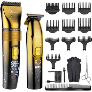 Hatteker Professionele Tondeuse Set – Haartrimmer & Baardtrimmer voor Heren – T-Blade Precisietrimmer – IPX7 Waterdicht – Inclusief Schaar en Knipcape – Goud