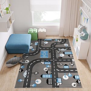 Tapiso Pinky Tapijt Grijs Kinderkamer Kleed Stad Vloerkleed Maat- 120x170