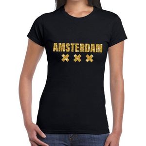Amsterdam gouden glitter tekst t-shirt zwart dames - dames shirt Amsterdam L