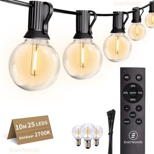 EverNeeds Lichtsnoer Voor Buiten - 10 Meter - Lichtslinger 25 LED - Met Dimfunctie - Afstandsbediening - Sfeerverlichting Buiten en Binnen - Tuinverlichting - Lampjes Slinger - IP44 - 2700K - 3 Extra Leds