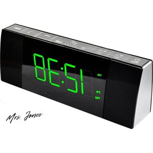 Mrs. Jones Wekkerradio naast het bed met Bluetooth-luidspreker dimbaar jadegroen LED-display FM-radio met slaaptimer dubbel alarm met AAN/UIT-drukknop snooze 12/24 uur .