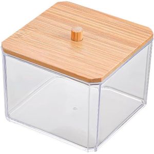 Provento - Qtip houder met bamboe deksel voor badkamerorganisatie met opbergpot - make-up organizer voor wattenstaafjes & cosmetische pads - transparant