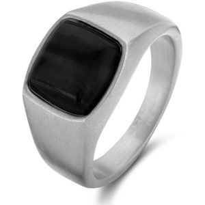 Frank 1967 7FR-0011-60 Stalen Ring met Steen - heren - Agaat - 9,8 x 9,3 mm - Zilverkleurig Staal - Maat 60 - Zwart