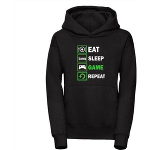 B&C Hoodie Eat Sleep Game Repeat - Hoodie Zwart - Hoodie Kinderen - 152/164