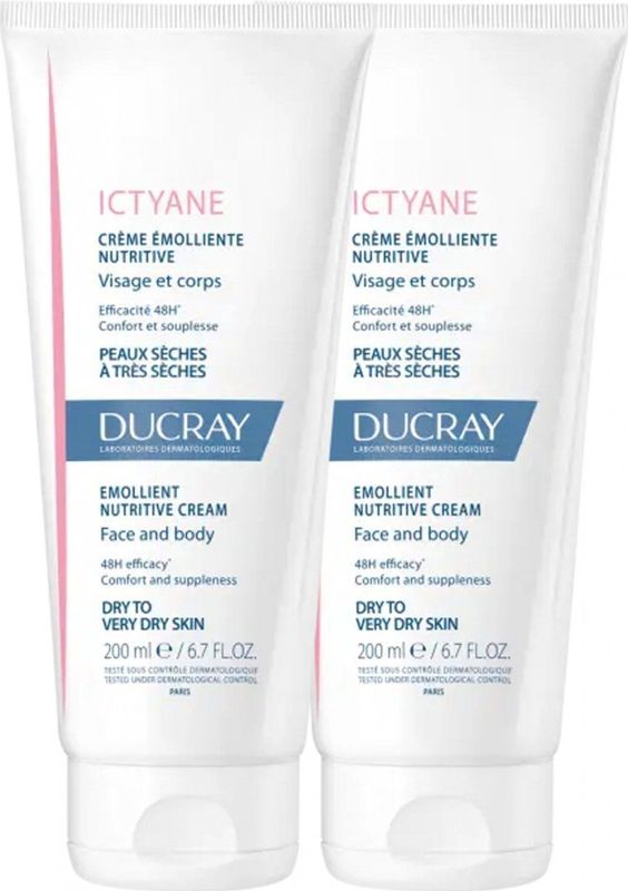 Ducray - Ictyane - Voedende Emolliërende Crème - Gezicht en Lichaam - Set van 2 x 200 ml
