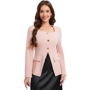 Blazer Dames Elegante Effen Kleur Zakelijk Kantoor Blazer Lange Jas Slim Fit Abrikoos XXL