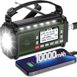 Noodradio Noodradio - Solar Opwindbaar - 10000mAh - Solar powerbank - Zonneenergie - Survival Noodpakket - Zaklamp Oplaadbaar - AM/FM - Noodrantsoen - Donkergroen
