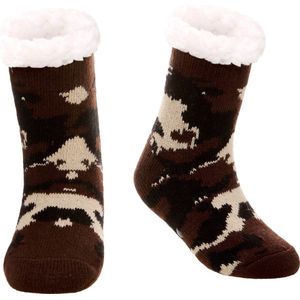 JAXY - Huissokken Dames - Verwarmde Sokken - Anti Slip Sokken - Huissokken - Bedsokken - Warme Sokken - Kerstcadeau Voor Vrouwen - Thermosokken - Dikke Sokken - Fluffy Sokken - Kerstsokken Dames en Heren - Maat 28-31 - Camo Bruin