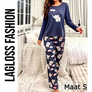 LaGloss® Dames Pyjama Set met Schattige Olifanten – Zacht Lounge- & Huispak Lange Mouwen All Season – Maat S