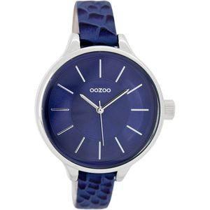 OOZOO Timepieces - Zilverkleurige horloge met donker blauwe leren band - C7548