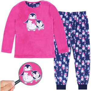Warme, roze en marineblauwe kinderpyjama met pinguïnmotief