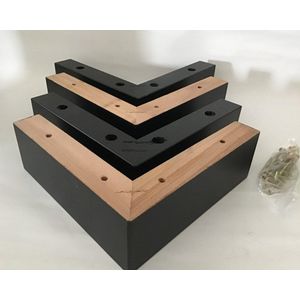 Set van 4 stuks houten Boxspring Bedden Hoekpoten Zwart Beuken Meubelpoten Hoogte 7 cm Lengte 19,5 cm met Schroefbevestiging L-poten