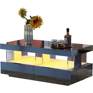 Moderne stijlvolle salontafel met 16 kleuren LED-verlichting - dubbellaags ontwerp hoogglans banktafel voor woonkamer - Zwart 100 * 60 * 49,5 cm