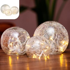 Gadgy Bollamp Glas met Lichtsnoer - Set van 3 - Decoratie Woonkamer - Tafellamp op Batterijen - Sfeerverlichting 8, 10 & 12 CM - Versiering Raam - Vensterbank Decoratie