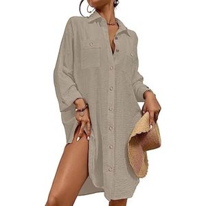 Strandjurk met lange mouwen, casual cover-up voor over bikini, sarong, kaki, maat M