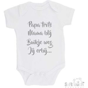 100% katoenen Romper ""Papa trots Mama blij Buikje weg Jij erbij..."""" Unisex Katoen Wit/grijs Maat 68/74