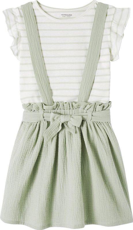 Set - Meisjesshirt met Strepen en Rok - Saliegroen - Katoengaas