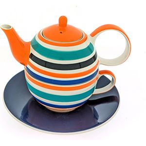 Tea for one set - Theeset - Keramiek - Handgeschilderd - Oranje gestreept