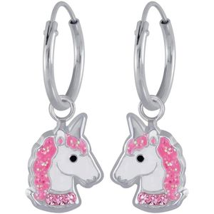 Oorbellen meisje | Kinderoorbellen meisje zilver | Eenhoorn oorbellen | Zilveren oorringen met hanger, hoofd van eenhoorn met roze kristallen halsband | WeLoveSilver