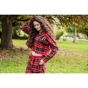 Woody – Kerstpyjama voor Meisjes & Dames – Rood-Groene Schotse Ruit – Flanellen Doorknooppyjama – Geweven Katoen - L