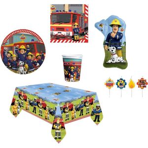 Brandweerman Sam - Feestpakket - Feestartikelen - Kinderfeest - 8 Kinderen - Tafelkleed - Bekers - Servetten - Bordjes - Folie ballon - Taartkaarsen.