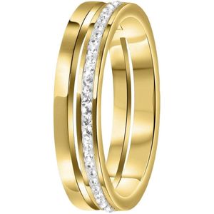 Lucardi Dames Ring goldplated 2rij met kristal - Ring - Cadeau - Staal - Goudkleurig