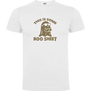 Wit T-Shirt met “This is some Boo Sheet“ Afbeelding Goud Maat S