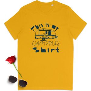 This is my Camping Shirt - Grappig Camping t Shirt - Tshirt met caravan print - t-Shirt vrouwen met tekst - Tshirt voor mannen - Dames en heren t shirt - Unisex maten: S M L XL XXL XXXL - Shirt kleuren: wit, khaki en geel.