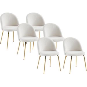 Vente-unique Set van 6 stoelen - Bouclette stof en goud metaal - Wit - MELBOURNE L 50 cm x H 77 cm x D 55 cm