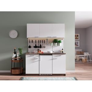 Goedkope keuken 150  cm - complete kleine keuken met apparatuur Oliver - Donker eiken/Wit - keramische kookplaat  - koelkast  - mini keuken - compacte keuken - keukenblok met apparatuur