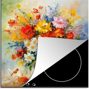 KitchenYeah® Inductie beschermer 60x60 cm - Bloemen - Kleurrijk - Olieverf - Bloempot - Kookplaataccessoires - Afdekplaat voor kookplaat - Inductiebeschermer - Inductiemat - Inductieplaat mat
