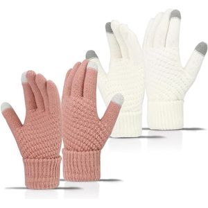 Winter Dameshandschoenen - Thermisch, Gebreid, Touchscreen - 2 Paar (Wit/Roze)