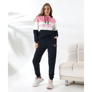Loxxey® - Katoen - Yourself - Vrijetijdspak - Joggingpak - Huispak - Home Wear - Hoodie - Trainingspak - Tracksuit - 1 Set (2 Delig) - Dames - Maat S – Candy Pink/ Marineblauw- Nieuw Seizoen!!
