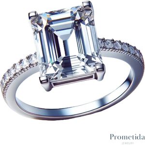 Prometida - Verlovingsring - Ringenset - Ring Dames - Emerald-cut Solitair pavé - Zirkonia steen - Sterling Zilver 925 - Aanschuifring pavé in v-vorm -  Uitgesproken ring