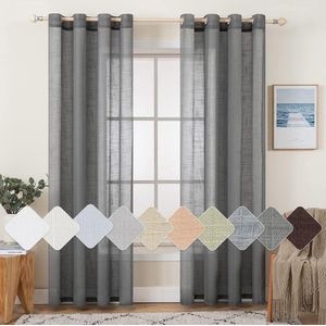 Set van 2 transparante voile-gordijnen met oogjes linnenlook 140 x 225 cm (donkergrijs)