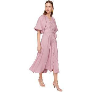 Trendyol Roze Geweven Overhemdjurk Met Halve Ballonmouwen En Linnenlook Tctss24Eb00014