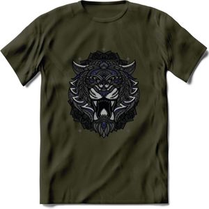 Tijger - Dieren Mandala T-Shirt | Donkerblauw | Grappig Verjaardag Zentangle Dierenkop Cadeau Shirt | Dames - Heren - Unisex | Wildlife Tshirt Kleding Kado | - Leger Groen - S