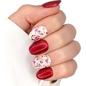SD Press on Nails - B-201 - Plaknagels - Nagelset 20 Nagels - Nepnagels - Rood Nude Glitter - Gellak - Nagellak - XS Almond Nageltips - Nepnagels met Lijm - Kunstnagels - Nail Art - Handmade - Valse nagels - Nagelvijl - Accessoires - Korte Nagels