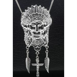 Zilveren Indiaan met veren en totem ketting hanger - XL