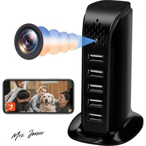 Mrs. Jones Verborgen camera wifi 24/5 G - USB-oplader - 5 poorten spionagecamera wifi HD 1080P - mini-spionagecamera met bewegingsdetectie en zicht op afstand .