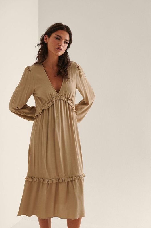 NA-KD Dames ballonmouwen midi-ruches jurk casual, Donker Beige, 30