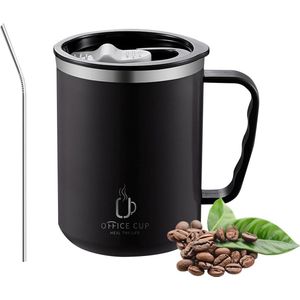 Thermomok Coffee To Go 500 ml, dubbelwandige geïsoleerde mok van roestvrij staal met handvatrietje en schuifdeksel, koffiemok voor warme en koude koffie, water en thee, BPA-vrij - zwart