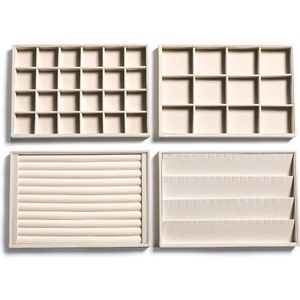 Stapelbare fluwelen sieradenorganizers voor laden en inzetstukken Sieradenopslagvitrines Oorknopjes Armbanden Kettingen Ringen Accessoires Dienbladen voor dames en meisjes (set van 4, beige)