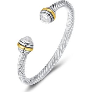 Quiges - Open Bangle Armband - Twisted Kabel met Zirkonia Transparant - UNY002