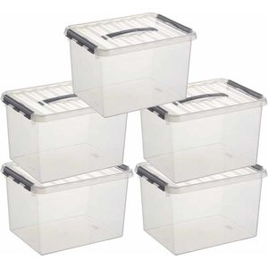 5x Sunware Q-Line opberg box/opbergdoos 22 liter 40 cm - Opbergbak kunststof transparant/zilver 5 stuks