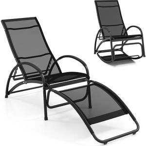 COSTWAY 2-in-1 zonnestoel, converteerbare schommelstoel met verstelbare rugleuning en gebogen armleuningen, ligstoel met aluminium frame, ligstoel voor terras, tuin, zwembad (zwart)