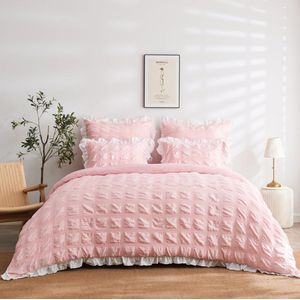 Beddengoed, roze, 135 x 200 cm, romantisch geruit, seersucker, beddengoedset, ademend, zacht, wollig, dekbedovertrek, dekbedovertrek met witte ruches en kussenslopen 80 x 80 cm