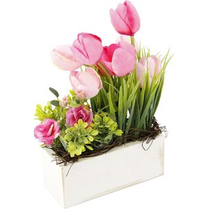 Bloemstuk van tulpen, wilde rozen en gras in pot, van hout, kunstbloemen, kunstbloemen, decoratieve bloemen, paasdecoratie, voorjaar, bloemendecoratie
