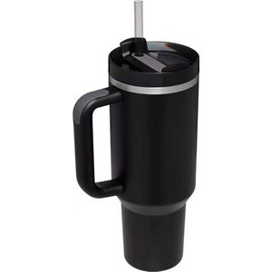 Drinkfles Tumbler RVS thermo drinkfles 1.2L Black 40oz - Waterfles met rietje - RVS Thermosbeker met Handvat en Rietje - Drinkbeker To Go - 1.2 Liter - Koffiebeker - Travel Mug - Thermosbeker - Thermosfles - Thermoskan